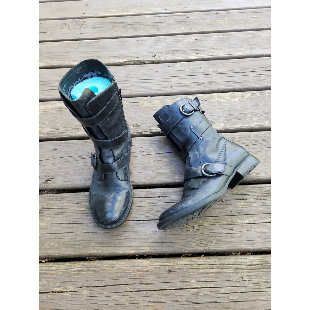 Born Alamid Moto Boots Navy Blue Leather Multi Strap Buckle Mid Calf Size 7.5M - Picture 1 of 8